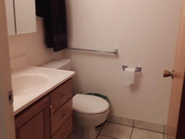 Bathroom with oak vanity, white sink, and toilet (tub/shower behind door).